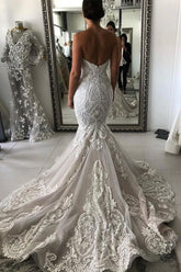 Gorgeous Wedding Dress with Drop Waist and Cascades Lace Mermaid with Court Train Bridal Dress